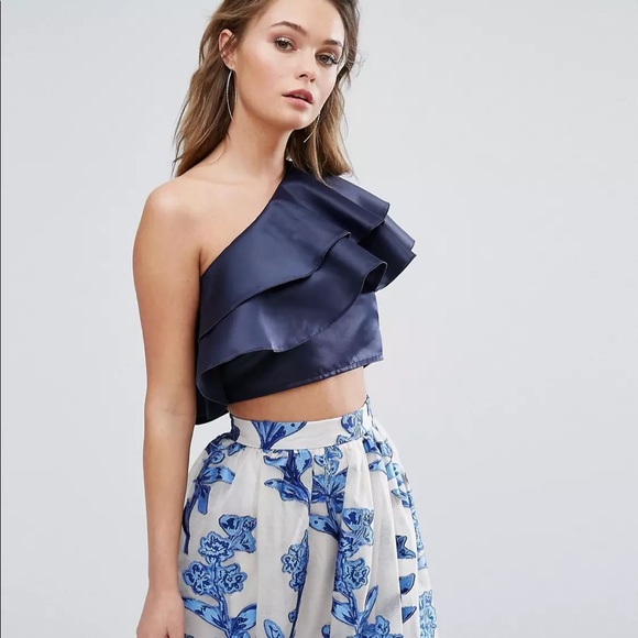 True Violet One Shoulder Crop Top w/ Frill Overlay - Picture 2 of 6